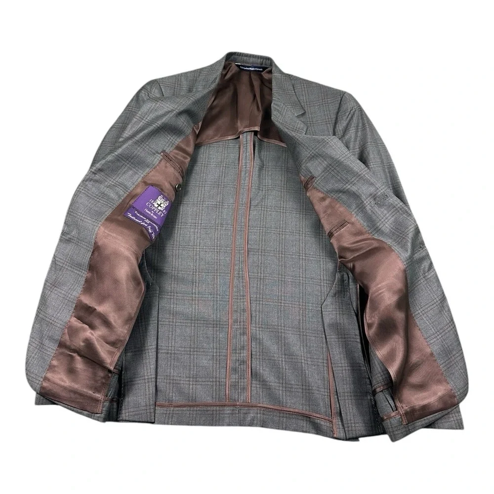 Coppley Gray Brown Check Super 130s Wool Blazer Mens 36S Tailored Jacket